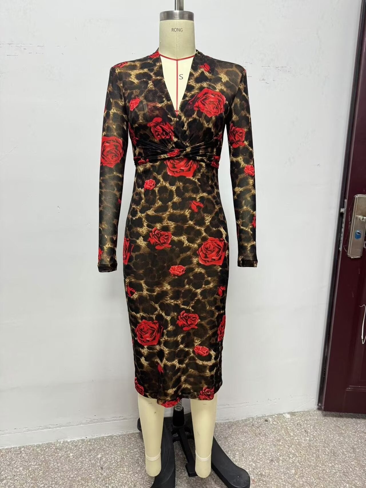 Winter V neck Slim Knitted Leopard Rose Print Sheath Long Sleeve Dress Bella Mia